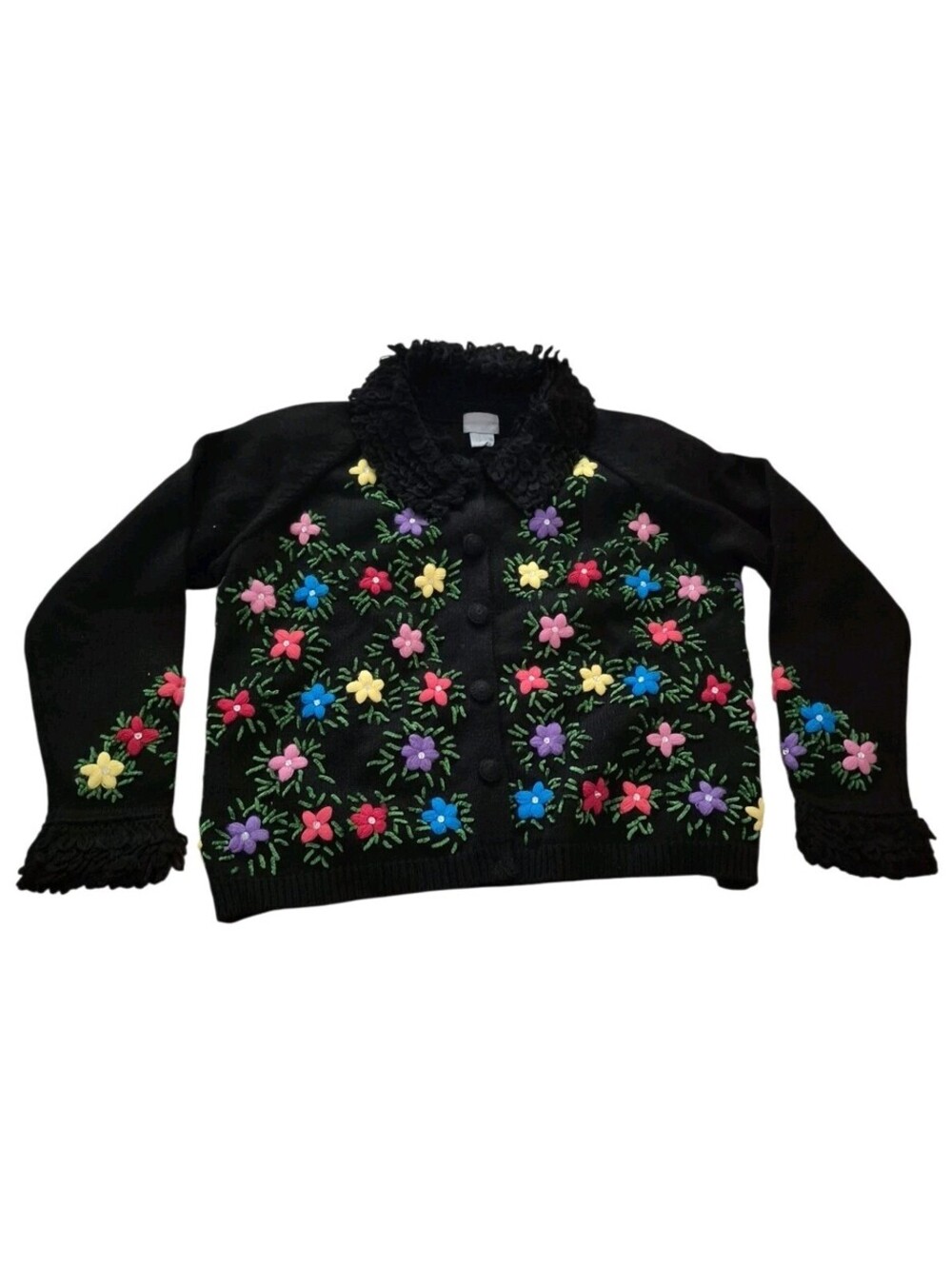 Vtg Berek Black Floral Embroidered Buttoned Cardigan Sweater Medium